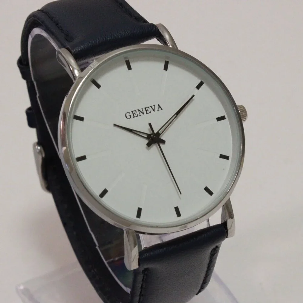Men's Minimalist Fashion Watch Silver Case White Dial Navy Blue Strap 40mm